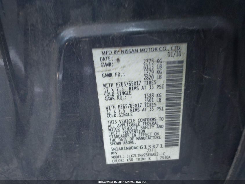 2010 Nissan Pathfinder Se VIN: 5N1AR1NB0AC613371 Lot: 43205015