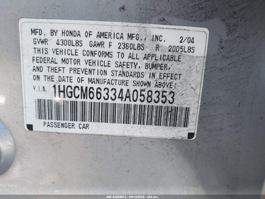 2004 Honda Accord 3.0 Lx VIN: 1HGCM66334A058353 Lot: 43205013