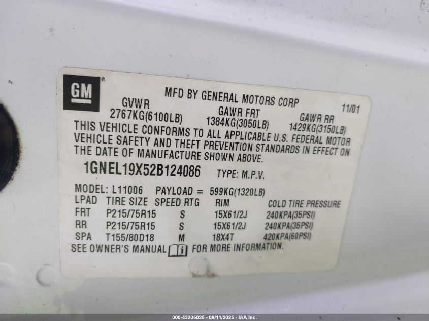 2002 Chevrolet Astro Ls VIN: 1GNEL19X52B124086 Lot: 43205025