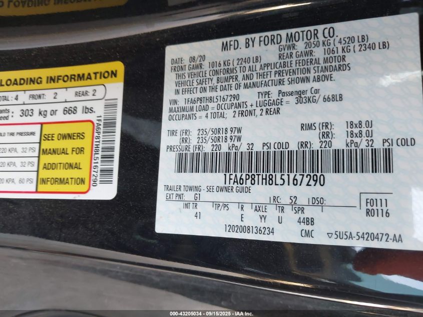 2020 Ford Mustang Ecoboost Premium Fastback VIN: 1FA6P8TH8L5167290 Lot: 43205034