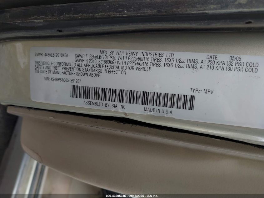 2005 Subaru Outback 2.5I VIN: 4S4BP61C057391287 Lot: 43205036