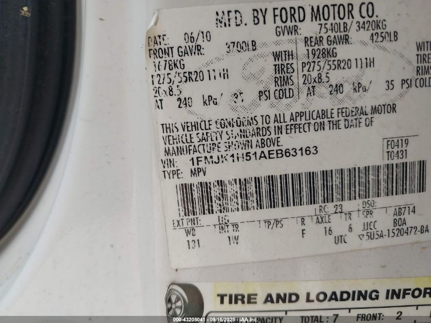 2010 Ford Expedition El Eddie Bauer VIN: 1FMJK1H51AEB63163 Lot: 43205041