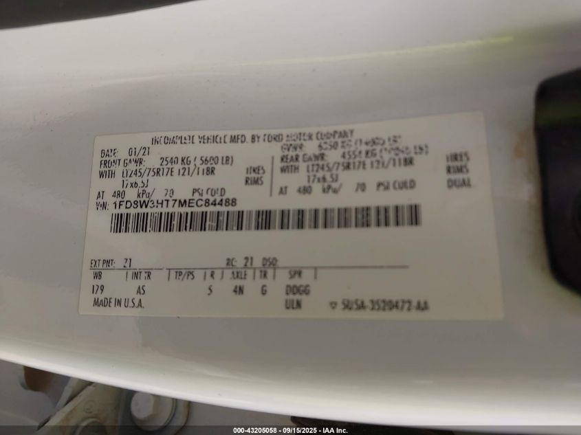 2021 Ford F-350 Chassis Xl VIN: 1FD8W3HT7MEC84488 Lot: 43205058