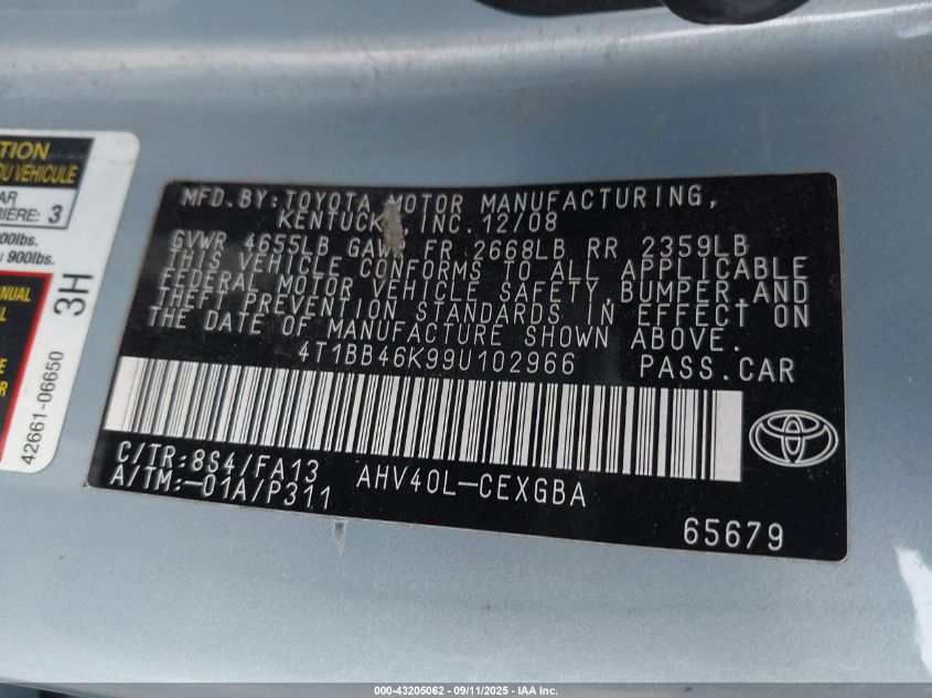 2009 Toyota Camry Hybrid VIN: 4T1BB46K99U102966 Lot: 43205062