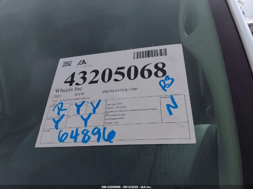 2021 Ram Promaster 1500 Low Roof 136 Wb VIN: 3C6LRVAGXME584150 Lot: 43205068