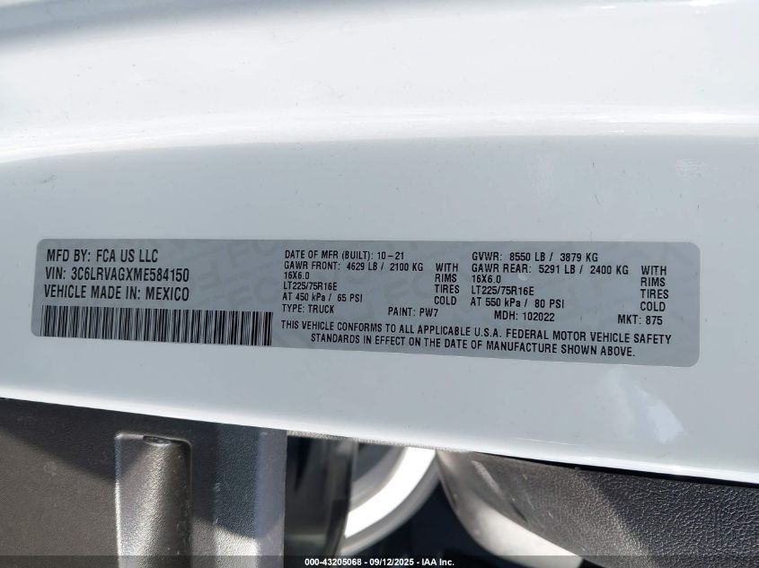 2021 Ram Promaster 1500 Low Roof 136 Wb VIN: 3C6LRVAGXME584150 Lot: 43205068