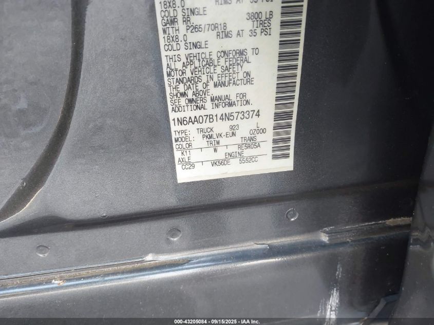 2004 Nissan Titan Le VIN: 1N6AA07B14N573374 Lot: 43205084