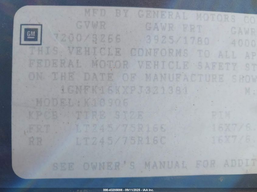 1993 Chevrolet Suburban K1500 VIN: 1GNFK16KXPJ321381 Lot: 43205086