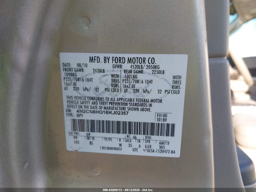 2011 Mercury Mariner Premier VIN: 4M2CN8HG1BKJ02357 Lot: 43205113