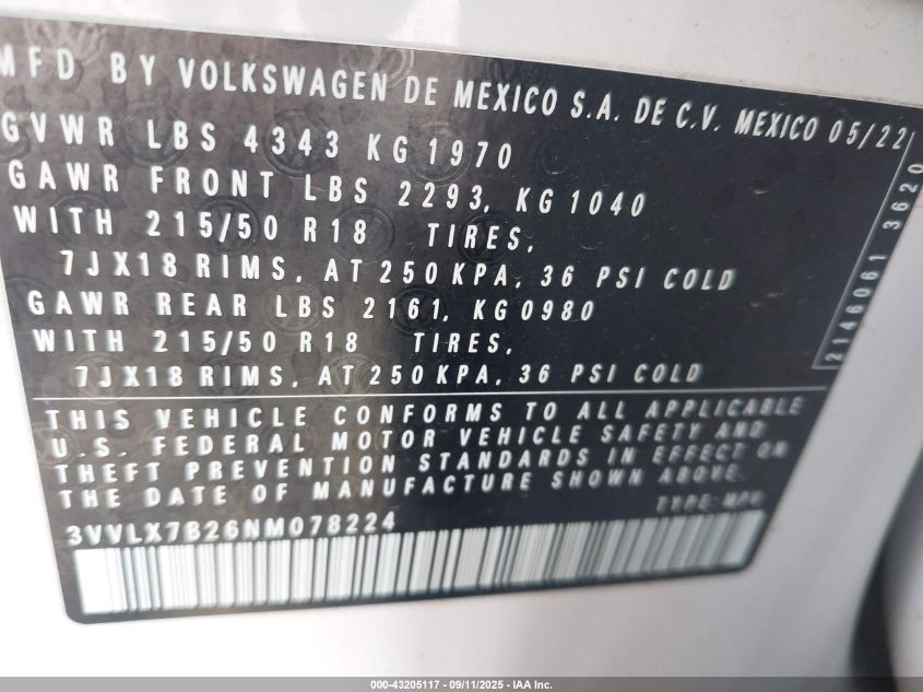 2022 Volkswagen Taos 1.5T Se VIN: 3VVLX7B26NM078224 Lot: 43205117