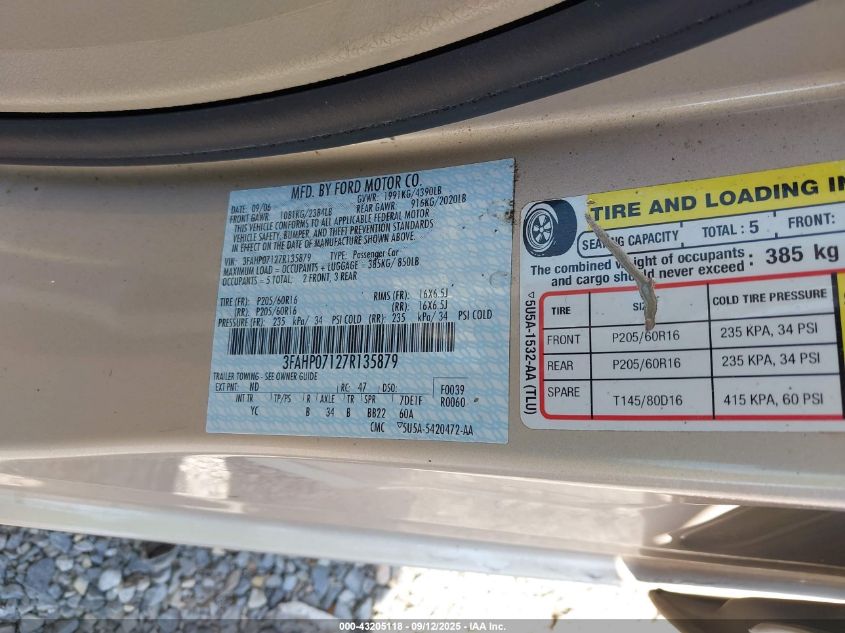 2007 Ford Fusion Se VIN: 3FAHP07127R135879 Lot: 43205118