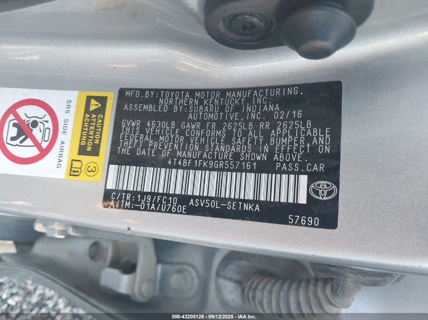 2016 Toyota Camry Le VIN: 4T4BF1FK9GR557161 Lot: 43205126