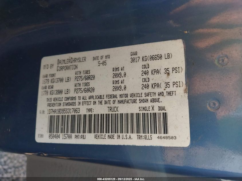 2005 Dodge Ram 1500 Slt/Laramie VIN: 1D7HA18D95S317063 Lot: 43205129