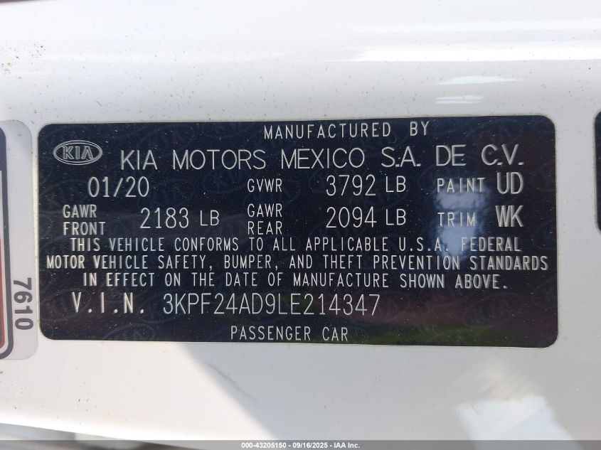 2020 Kia Forte Lxs VIN: 3KPF24AD9LE214347 Lot: 43205150