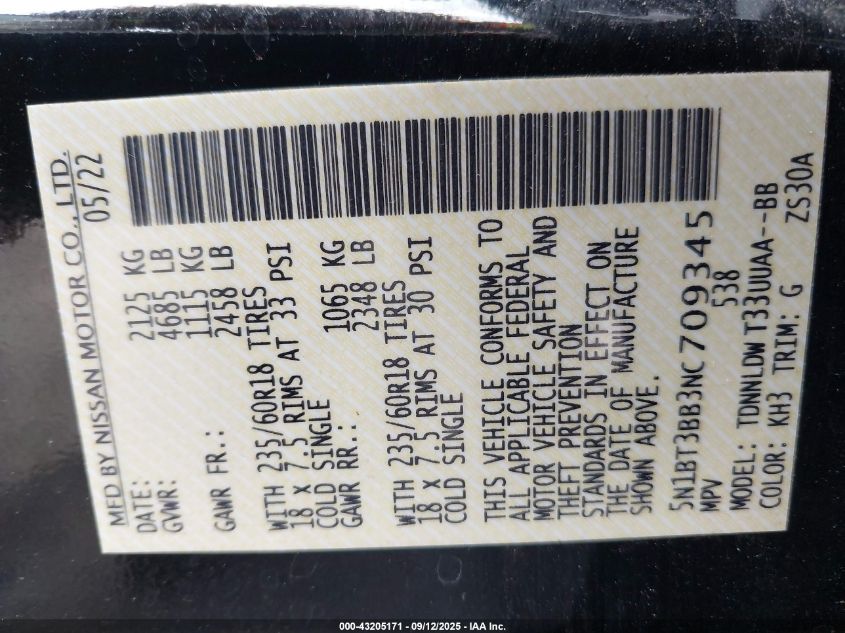 2022 Nissan Rogue Sv Intelligent Awd VIN: 5N1BT3BB3NC709345 Lot: 43205171