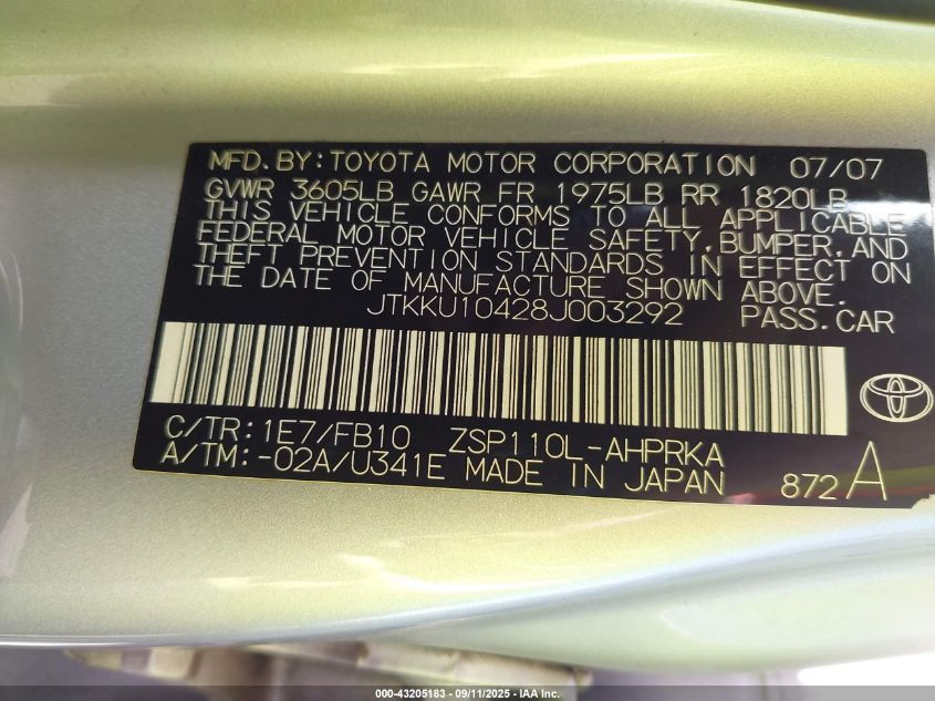 2008 Scion Xd VIN: JTKKU10428J003292 Lot: 43205183