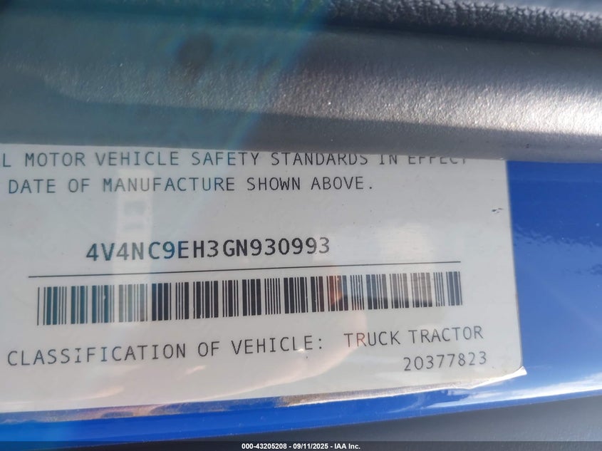 2016 Volvo Vn Vnl VIN: 4V4NC9EH3GN930993 Lot: 43205208