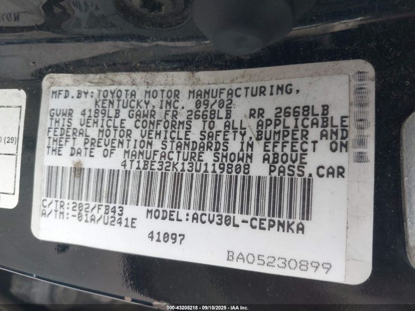 2003 Toyota Camry Le VIN: 4T1BE32K13U119808 Lot: 43205218