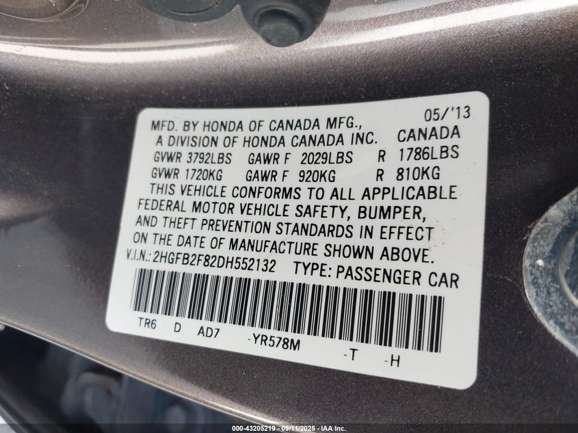 2013 HONDA CIVIC EX 2HGFB2F82DH552132