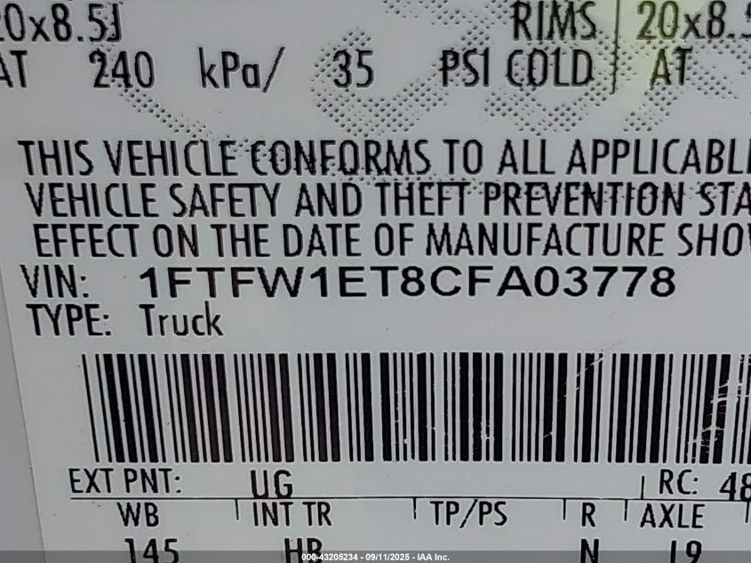 2012 Ford F-150 Lariat VIN: 1FTFW1ET8CFA03778 Lot: 43205234