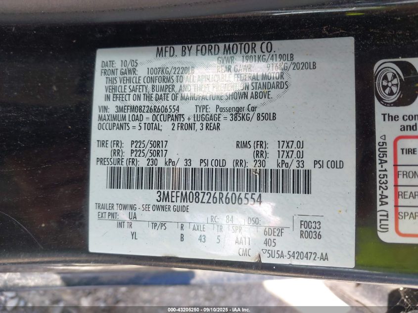 2006 Mercury Milan I4 Premier VIN: 3MEFM08Z26R606554 Lot: 43205250