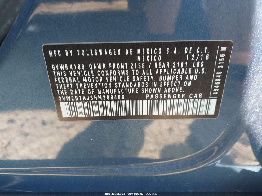 2017 Volkswagen Jetta 1.4T S VIN: 3VW2B7AJ3HM298486 Lot: 43205254