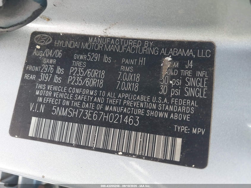 2007 Hyundai Santa Fe Limited/Se VIN: 5NMSH73E67H021463 Lot: 43205256