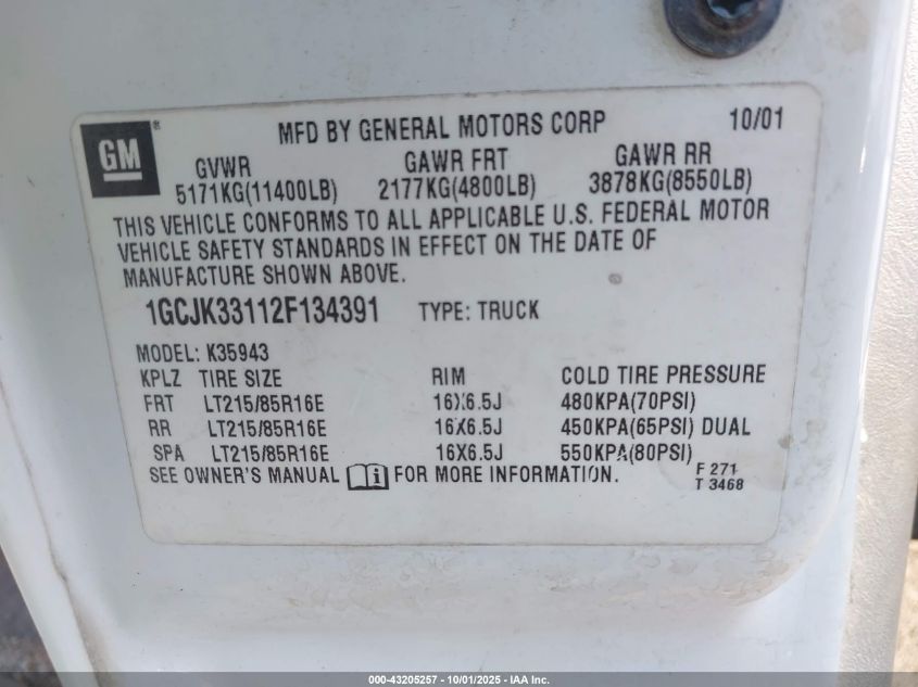 2002 Chevrolet Silverado 3500 Ls VIN: 1GCJK33112F134391 Lot: 43205257