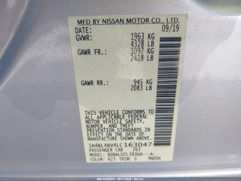 2020 Nissan Altima S Fwd VIN: 1N4BL4BV4LC163047 Lot: 43205270