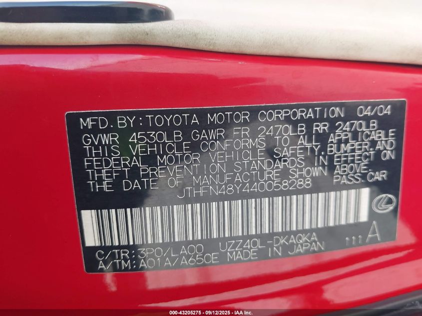 2004 Lexus Sc 430 VIN: JTHFN48Y440058288 Lot: 43205275