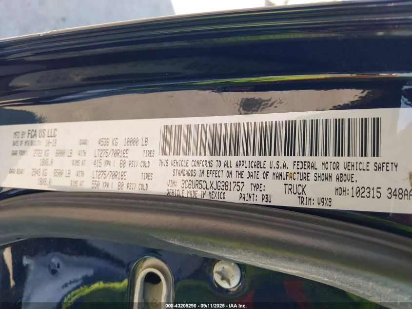 2018 Ram 2500 Tradesman 4X4 6'4 Box VIN: 3C6UR5CLXJG381757 Lot: 43205290
