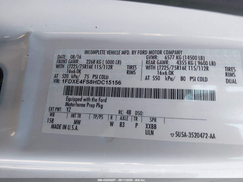 2017 Ford E-450 Cutaway VIN: 1FDXE4FS8HDC15156 Lot: 43205297