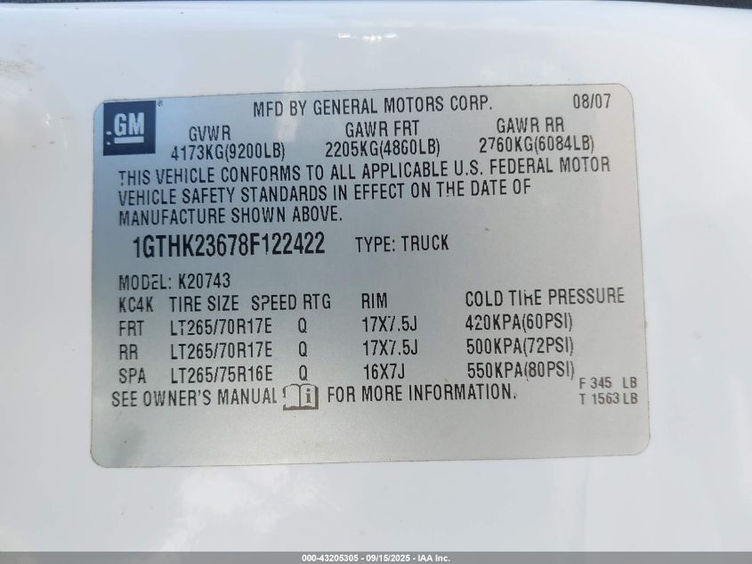 2008 GMC Sierra 2500Hd Sle2 VIN: 1GTHK23678F122422 Lot: 43205305