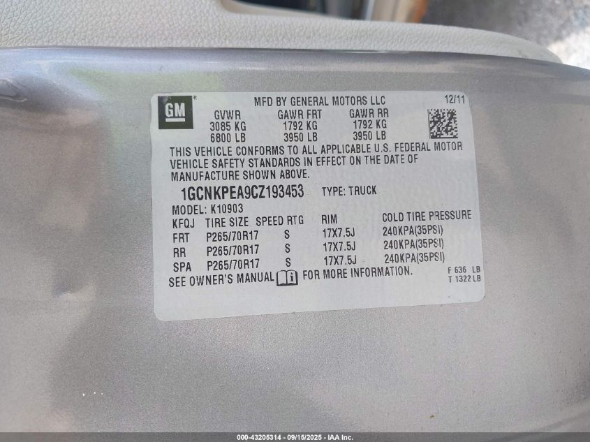 2012 Chevrolet Silverado 1500 Work Truck VIN: 1GCNKPEA9CZ193453 Lot: 43205314