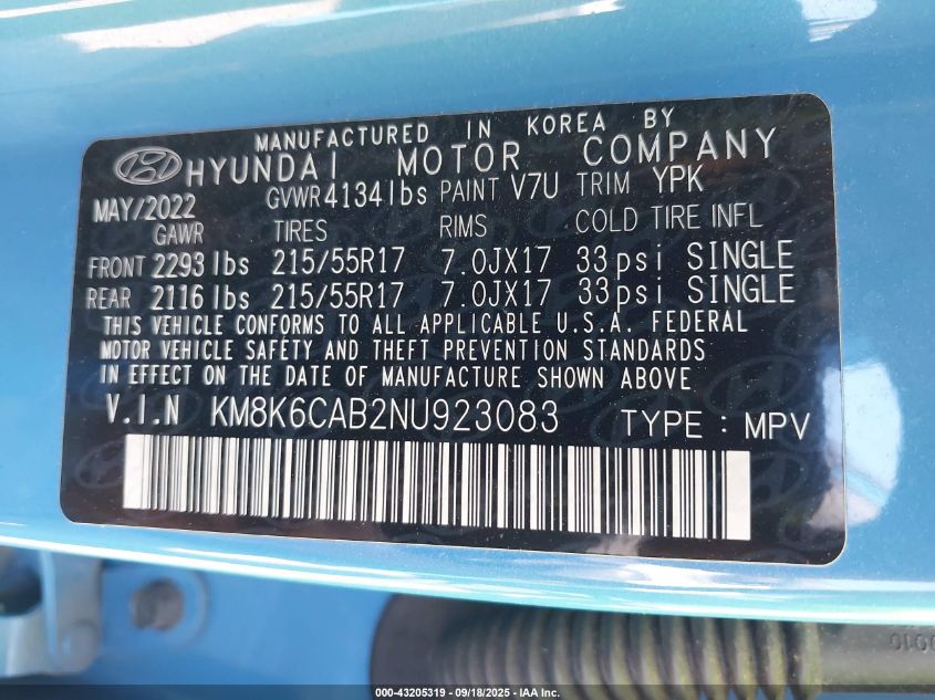 2022 Hyundai Kona Sel VIN: KM8K6CAB2NU923083 Lot: 43205319