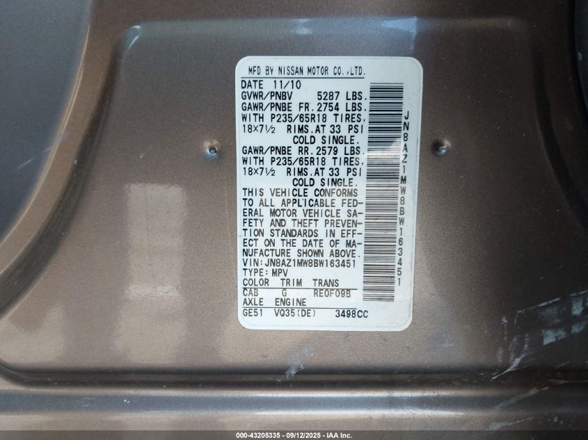 2011 Nissan Murano Sv VIN: JN8AZ1MW8BW163451 Lot: 43205335