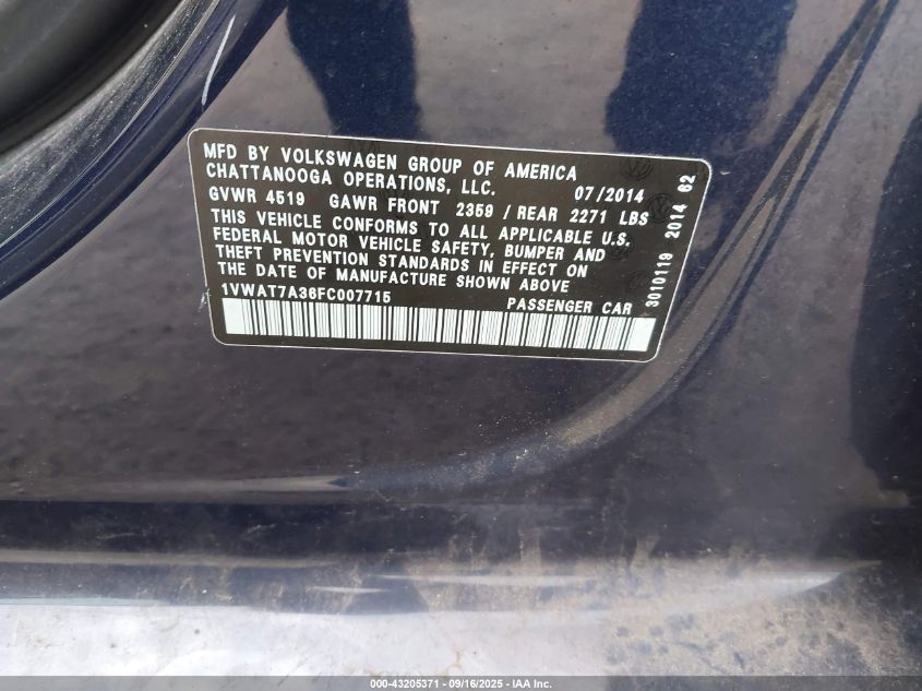 2015 Volkswagen Passat 1.8T Wolfsburg Edition VIN: 1VWAT7A36FC007715 Lot: 43205371