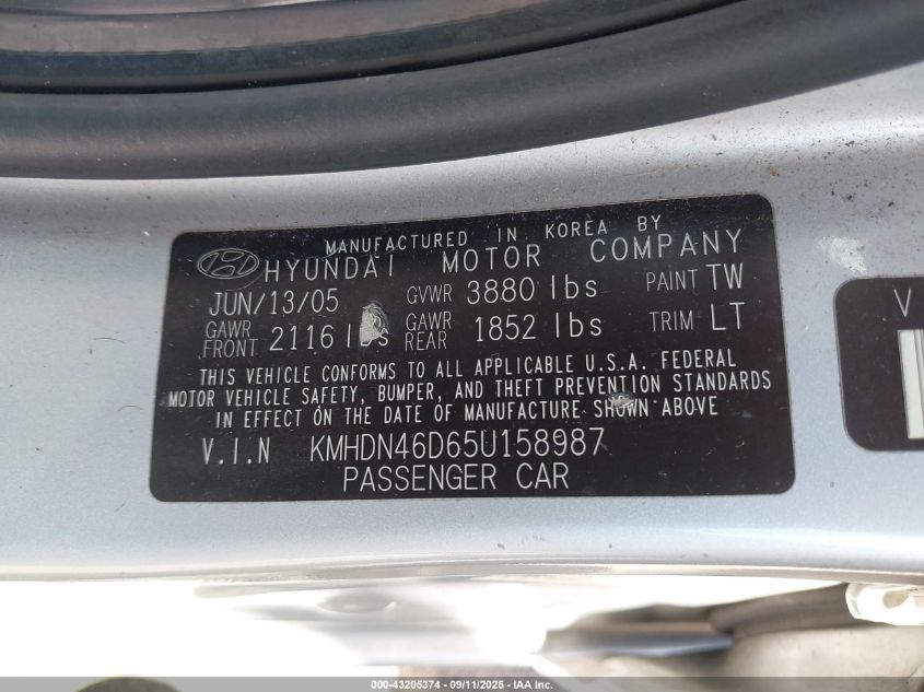 2005 Hyundai Elantra Gls/Gt VIN: KMHDN46D65U158987 Lot: 43205374