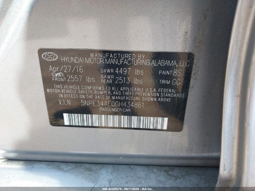 2016 Hyundai Sonata Sport VIN: 5NPE34AF0GH434861 Lot: 43205375