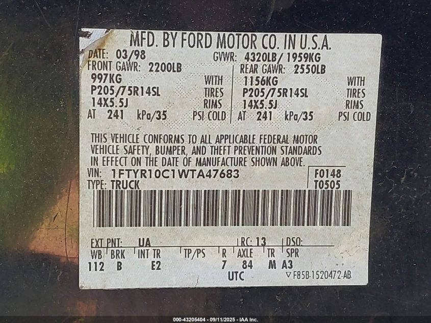1998 Ford Ranger VIN: 1FTYR10C1WTA47683 Lot: 43205404