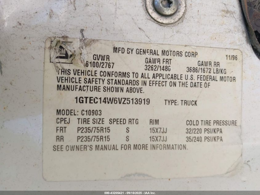 1997 GMC Sierra 1500 Special VIN: 1GTEC14W6VZ513919 Lot: 43205421