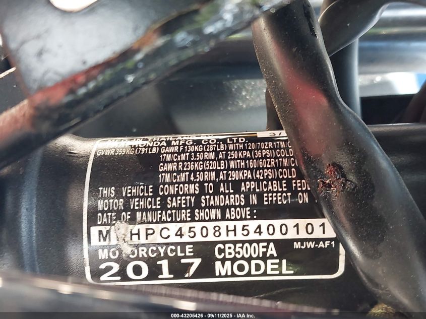 2017 Honda Cb500 Fa - Abs VIN: MLHPC4508H5400101 Lot: 43205426