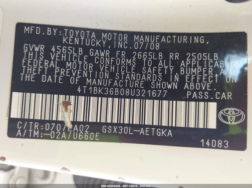 2008 Toyota Avalon Xls VIN: 4T1BK36B08U321677 Lot: 43205436