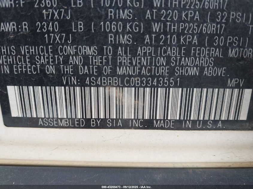 2011 Subaru Outback 2.5I Limited VIN: 4S4BRBLC0B3343551 Lot: 43205473