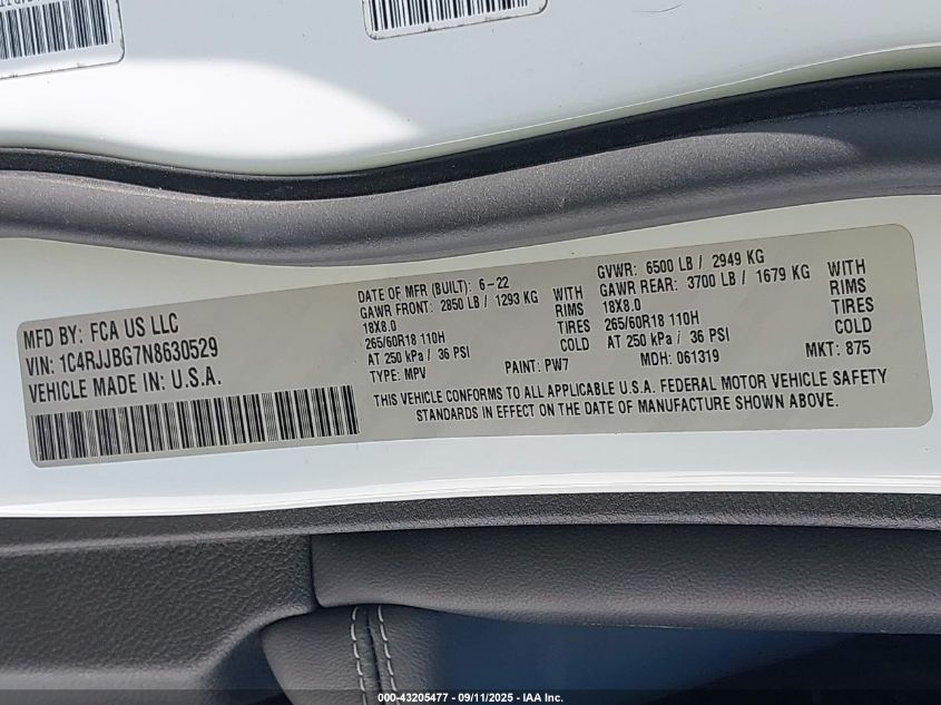 2022 Jeep Grand Cherokee L Limited 4X2 VIN: 1C4RJJBG7N8630529 Lot: 43205477