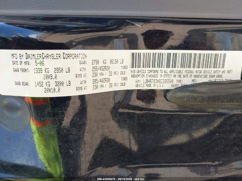 2006 Jeep Grand Cherokee Srt8 VIN: 1J8HR783X6C335508 Lot: 43205478