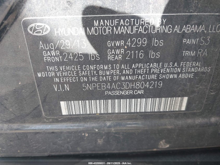 2013 HYUNDAI SONATA GLS - 5NPEB4AC3DH804219