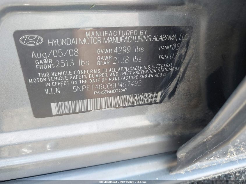 2009 Hyundai Sonata Gls VIN: 5NPET46C09H497492 Lot: 43205541