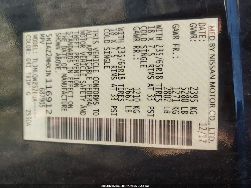 2018 Nissan Murano Sv VIN: 5N1AZ2MHXJN116912 Lot: 43205564