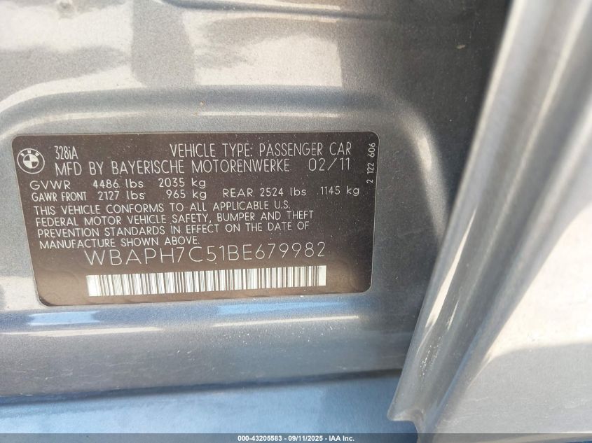 2011 BMW 328I VIN: WBAPH7C51BE679982 Lot: 43205583